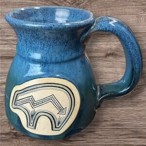 Handcrafted Style Pottery Mug Blue Speckled Southwestern Bear Coffee Cup